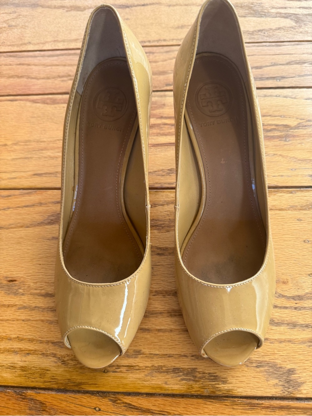 TORY BURCH beige rounded peep toe pumps high heels shoes size 9 - Picture 2 of 6